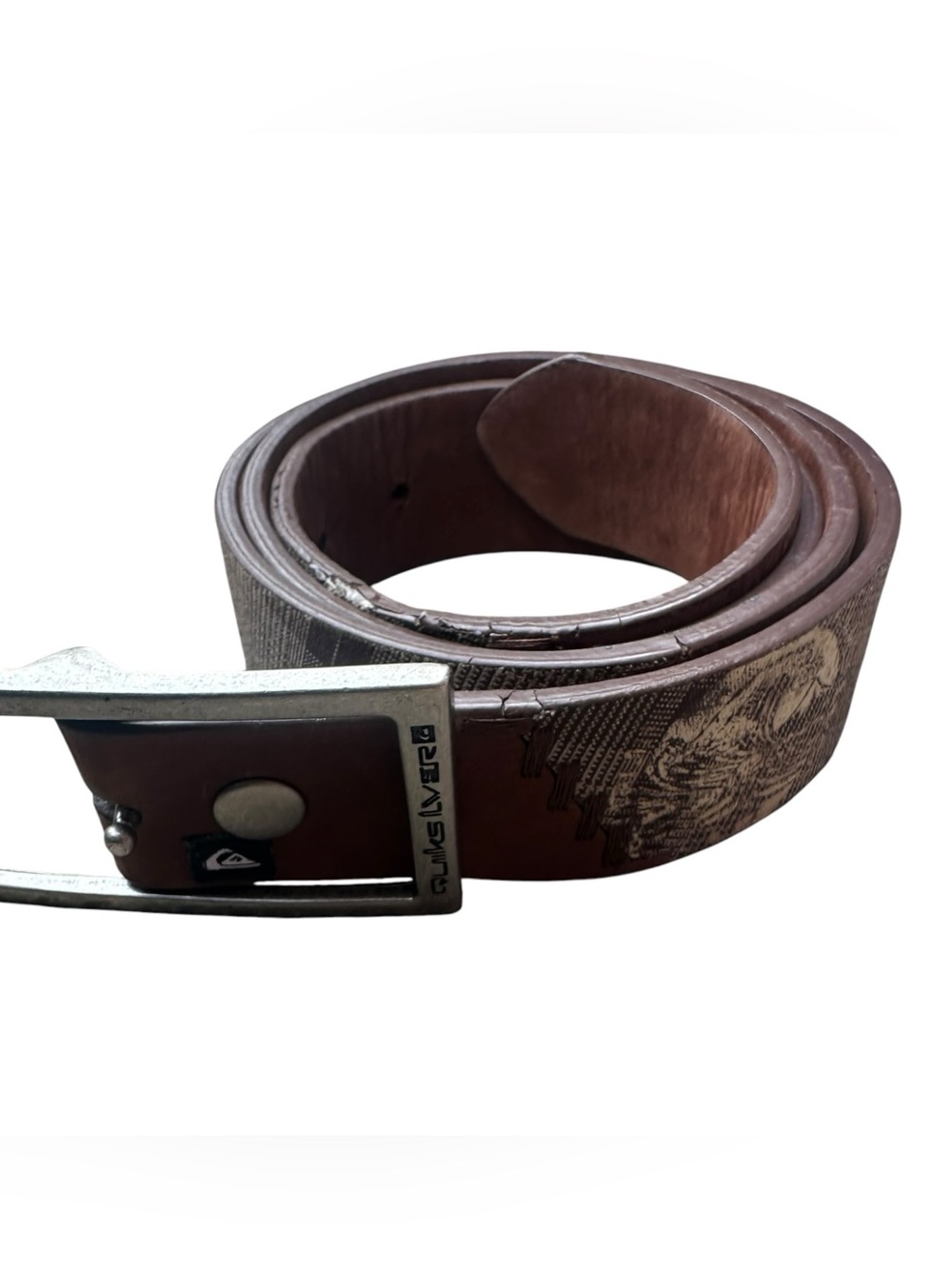 Vintage Quiksilver Men’s Leather Belt M 34 Brown Plaid Graphic Metal Buckle